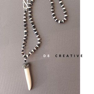 New men's fire agate hand woven with horn pendant stainless steel hook necklace